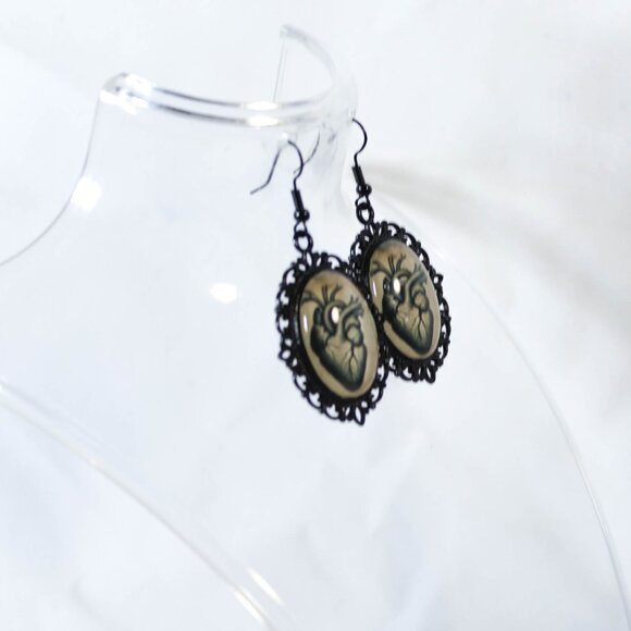 Victorian Anatomical Heart Cameo Earrings Tan Background - Picture 5 of 5